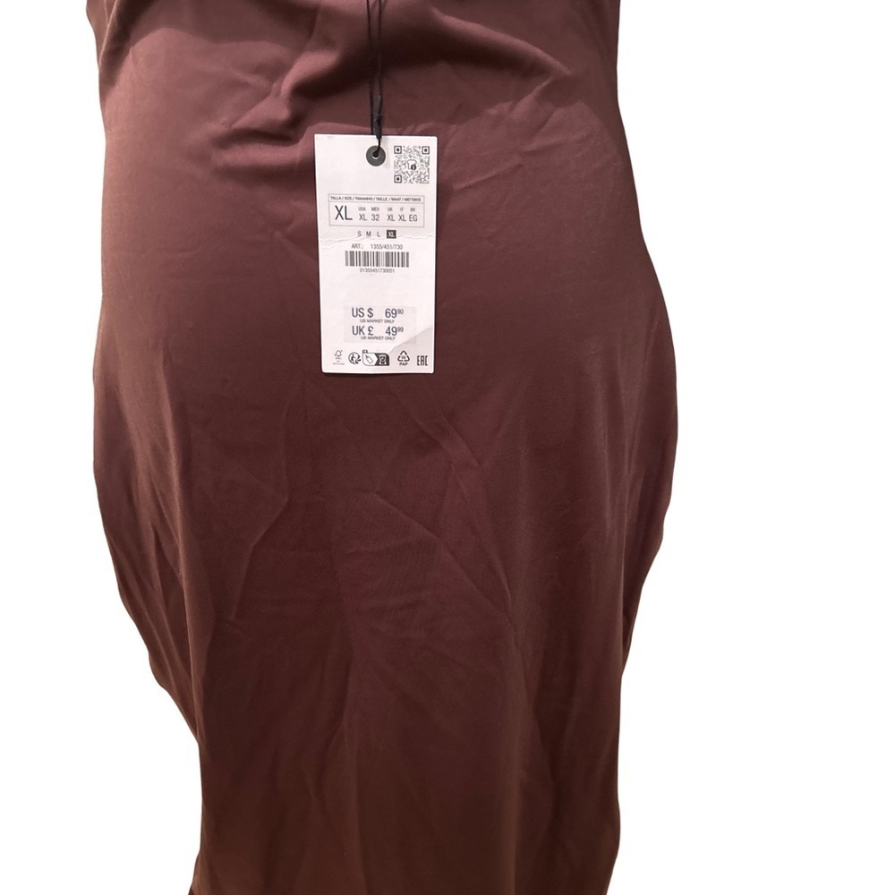 Zara Womens Satin Strapless Slip Dress SZ XL Brown Midi Maxi Gown Slit Tube Top - Picture 4 of 8